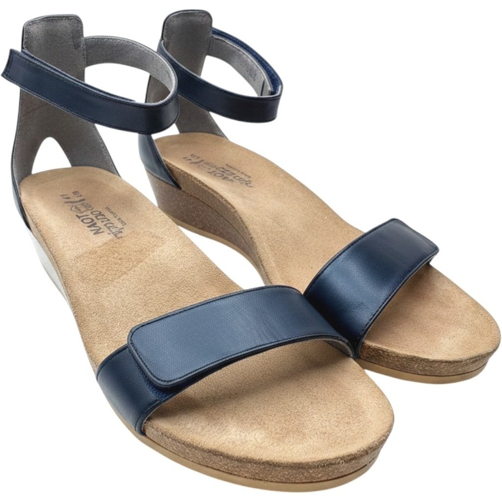 Naot rPixie Navy Blue Wedge Sandals Ankle Strap Silver Heel Women 41EU 10US